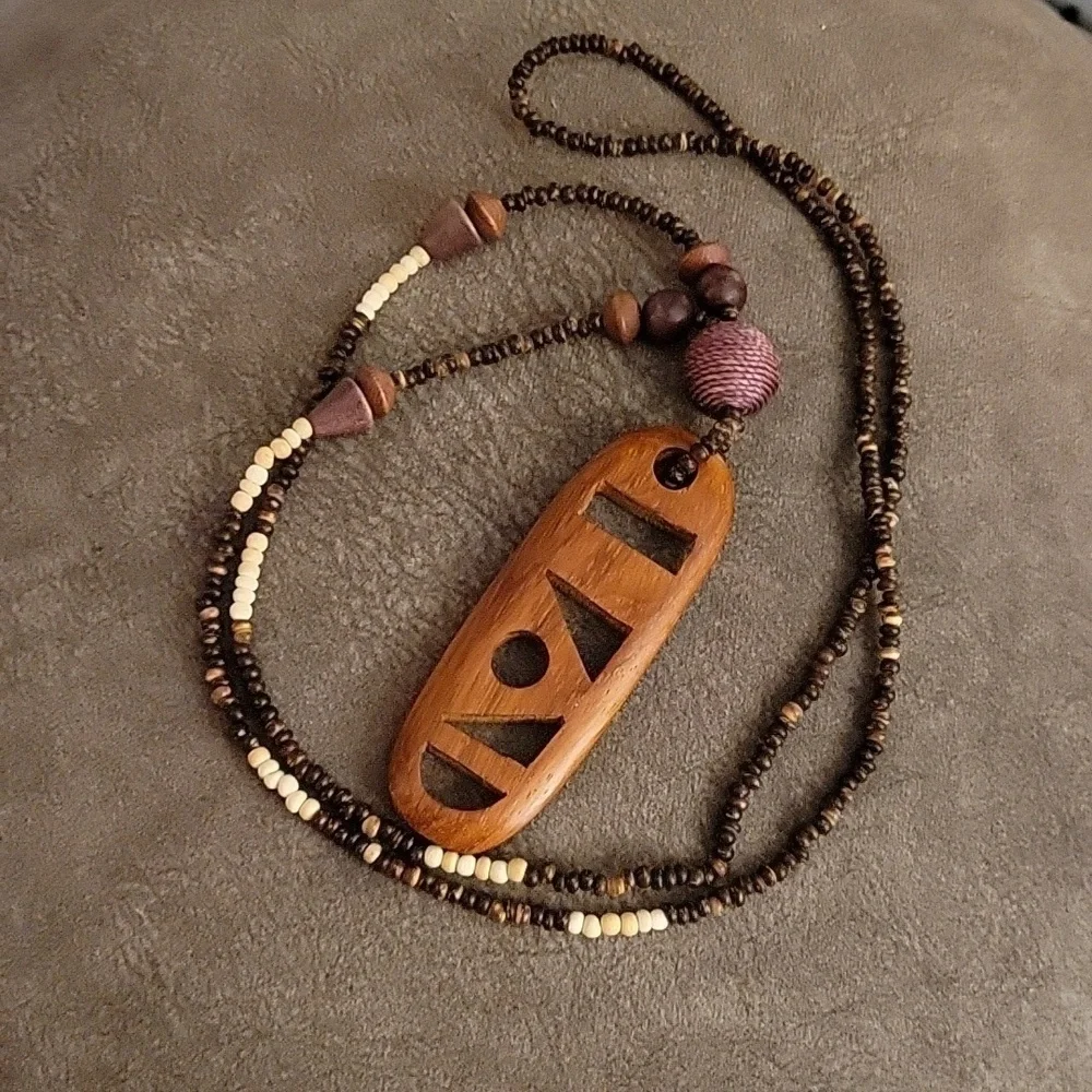 Vtg Long Wood Carved Ethnic Pendant Horn Beaded Lavalier Hippie Necklace